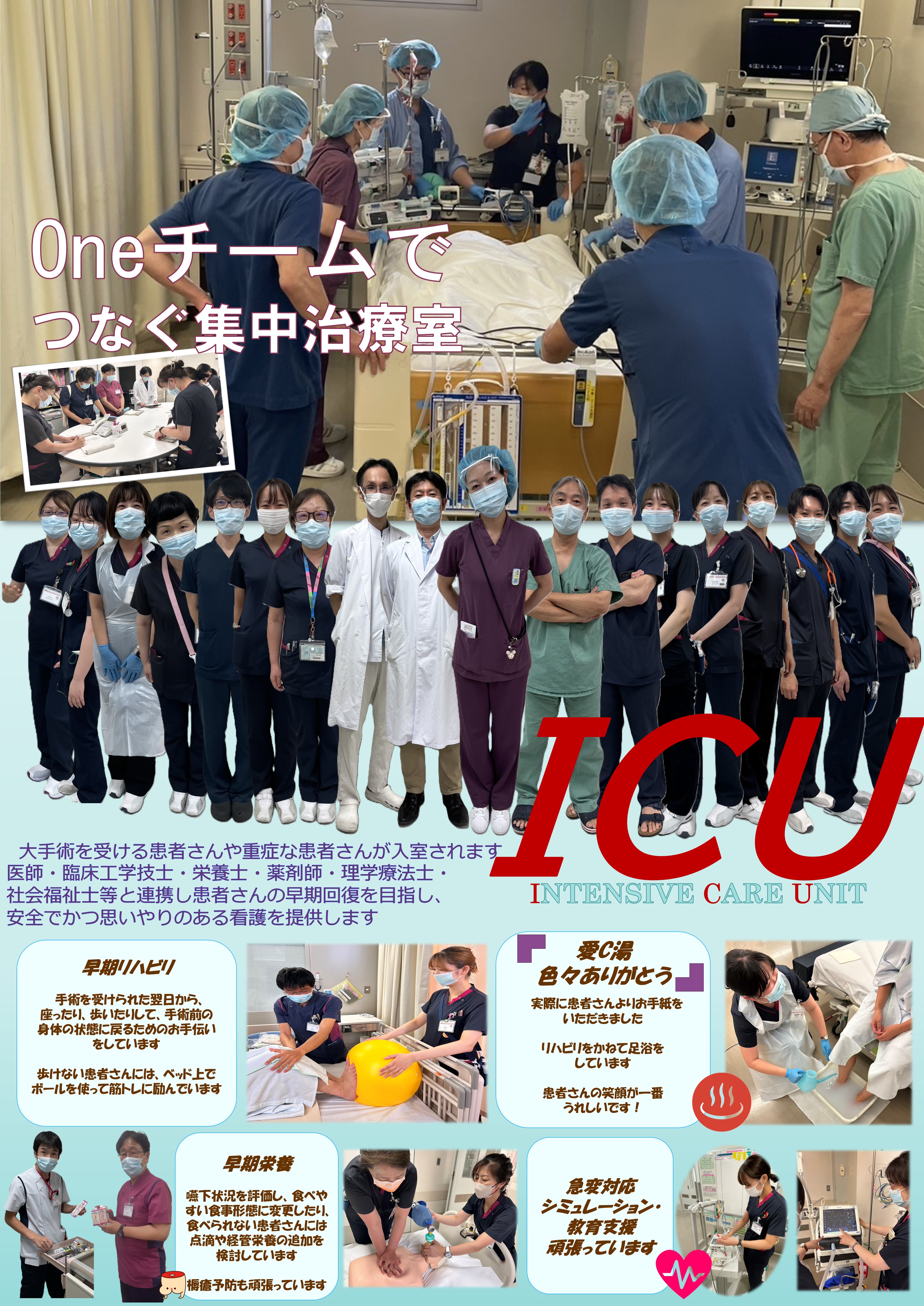 Oneチームでつなぐ集中治療室
大手術を受ける患者さんや重症な患者さんが入室されます医師・臨床工学士・栄養士・薬剤師・理学療法士・社会福祉士等と連携し患者さんの早期回復を目指し、安全でかつ思いやりのある看護を提供します。