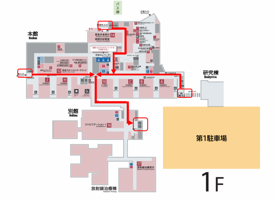 各入り口から、リハビリテーションセンターへの案内図です。
本館から連絡通路を通って別館へお越しいただき、別館エレベーターに乗って五階へお越しください。
エレベーターを降りて左側の通路にリハビリテーションセンターがあります。