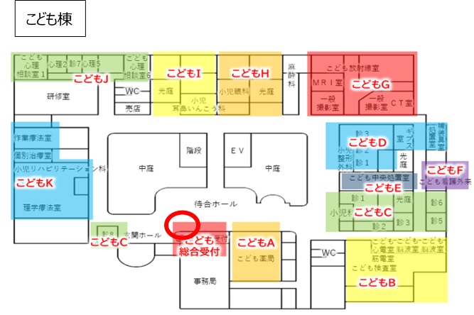 こども棟マイナ受付機配置図、総合受付