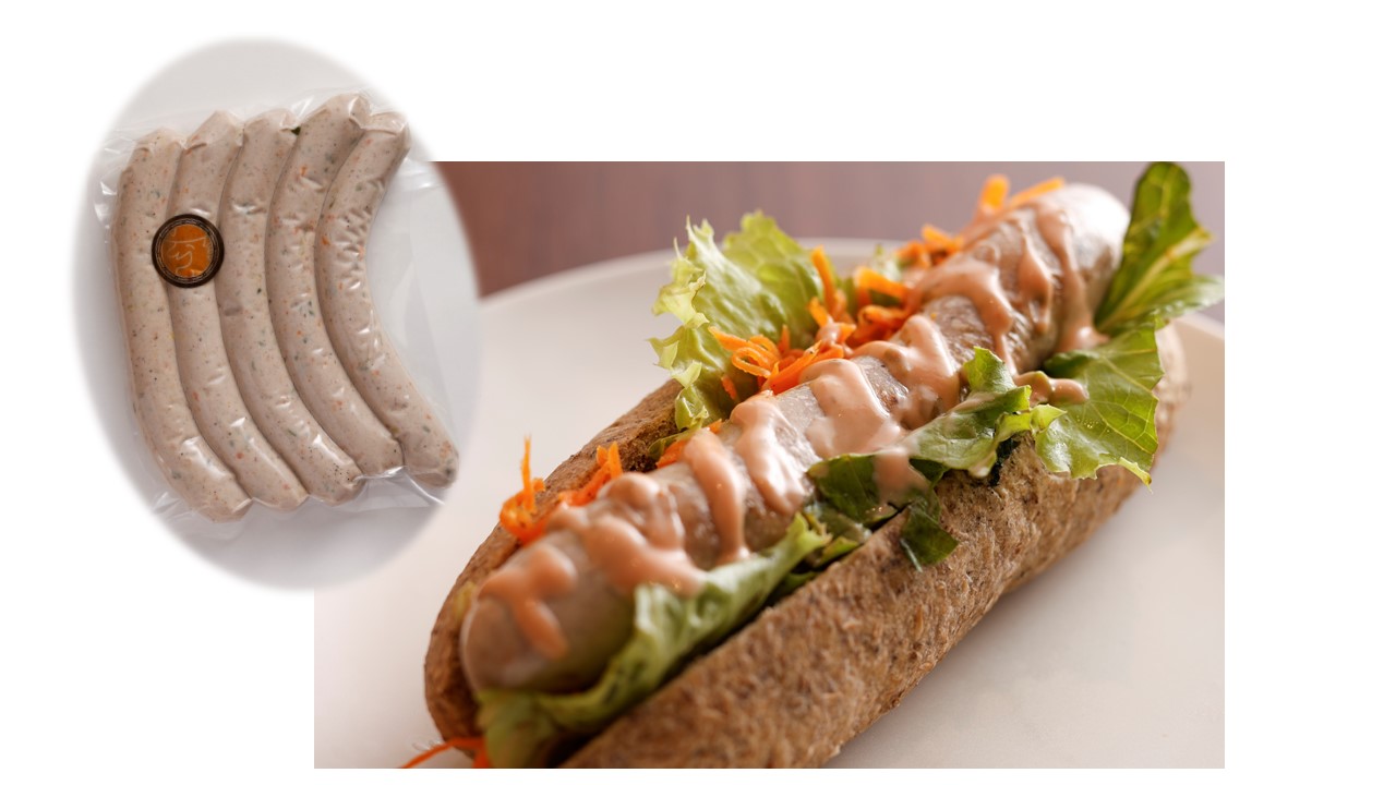 （左上）湖魚肉ソーセージ5本入り、（右）湖魚っとドックの画像、teraiteiホームページへのリンク