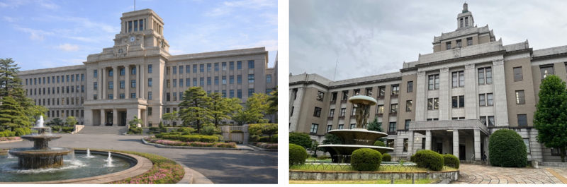 生成AIで作成した滋賀県庁と、本物の滋賀県庁の画像