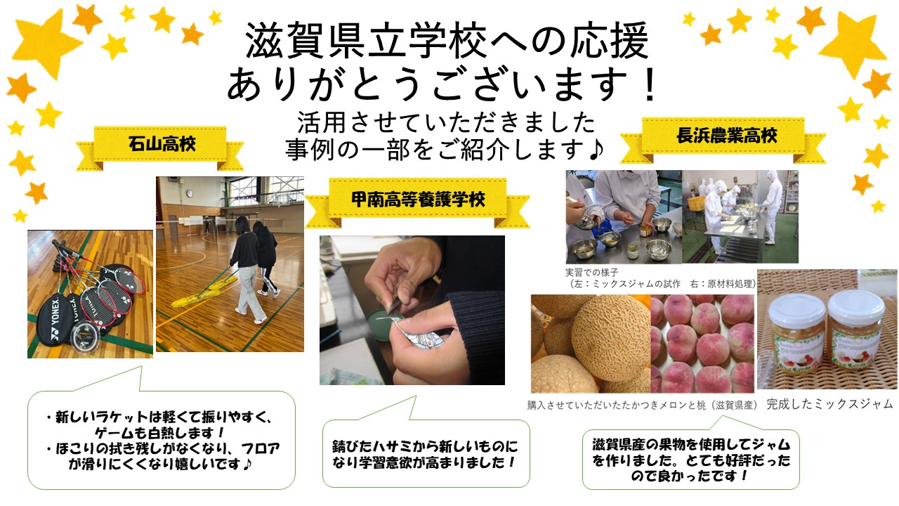 石山高校、甲南高等養護学校、長浜農業高校で御寄附を活用した事例を紹介