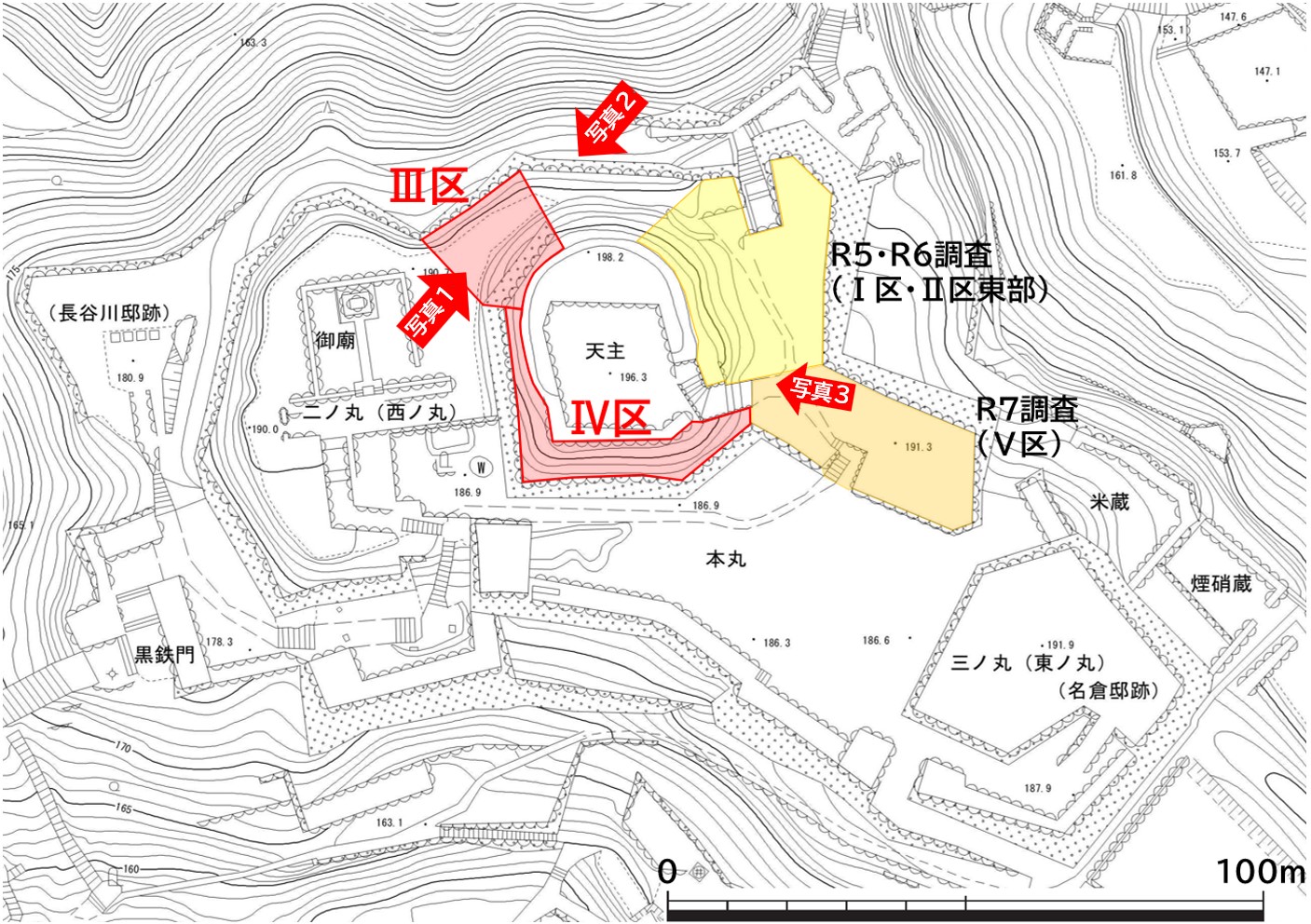 天主台周辺地区発掘調査区位置の図
