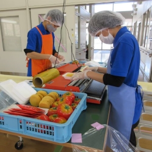 【販売実技】
販売スタッフになるための実技訓練です。セールスアシスタント業務に関する技能を身につけることができます。実技内容には、基本の姿勢、接客五大用語、袋詰め（リンゴ、キュウリ）、パック作業（大判焼、エビ）、計量（昆布）、紙包装、ハンギング、タオルたたみ、服たたみ、商品の前出し・品出し、接客対応などがあります。