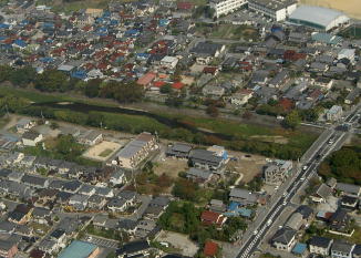 芹川池州橋付近の秋の空からの風景です。両側の堤防にはケヤキ並木があります。