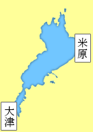 右上に米原、左下に大津の場所を示した滋賀県の地図