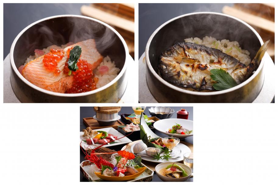 (左)ビワマスの釜めし【春秋冬】、(右)アユの釜めし【夏】、(下)夕食の一例の画像、里湯昔話 雄山荘のホームページへのリンク