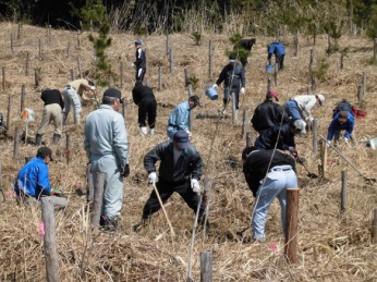 写真:漁業者、林業者、地域住民が参画する「漁民の森」での植林活動。次世代を担う子どもたちも参加。