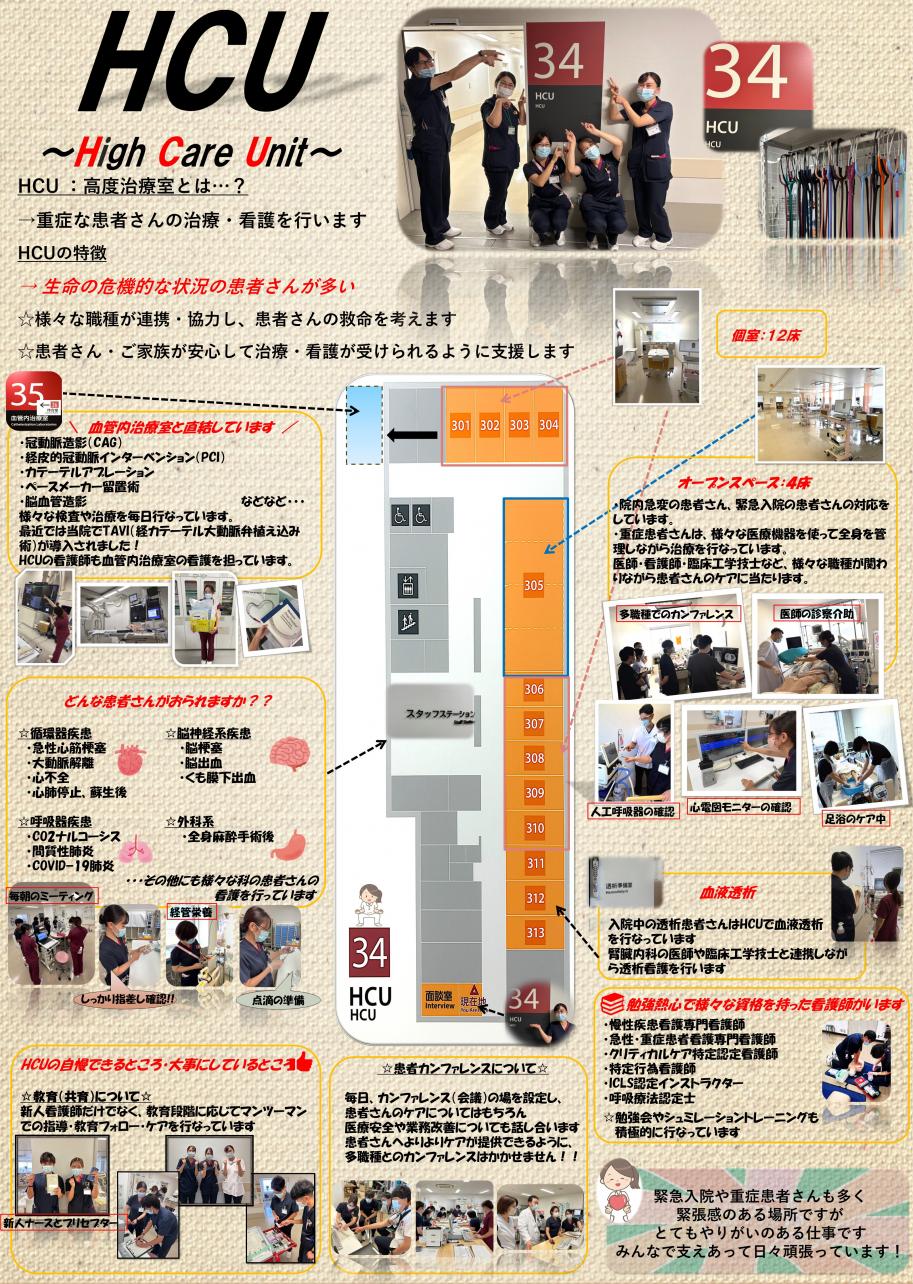 重症な患者さんの治療・看護を行います。
緊急入院や重症患者さんも多く緊張感のある場所ですがとてもやりがいのある仕事です。
みんなで支えあって日々頑張っています！