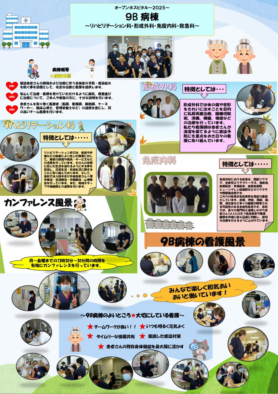 9B病棟紹介写真。リハビリテーション科、形成外科、免疫内科、救急科があります。