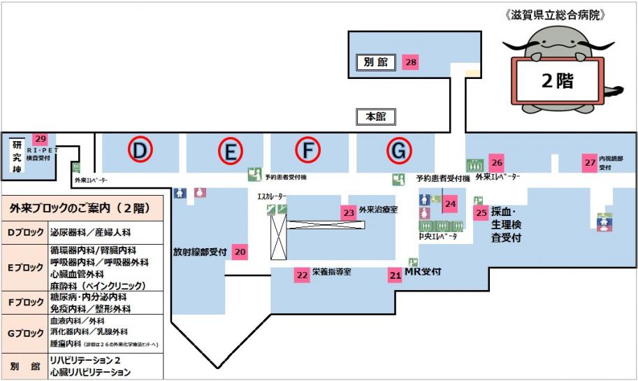 本館2階マイナ受付機配置図、Dブロック、Eブロック、Fブロック、Gブロック