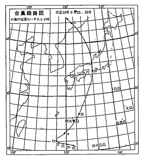 台風経路図大正10年9月25、26日:滋賀県災害誌