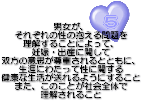 5男女が、それぞれの性の抱える問題を理解することによって、妊娠・出産に関して双方の意思が尊重されるとともに、生涯にわたって性に関する健康な生活が送れるようにすること。また、このことが社会全体で理解されること