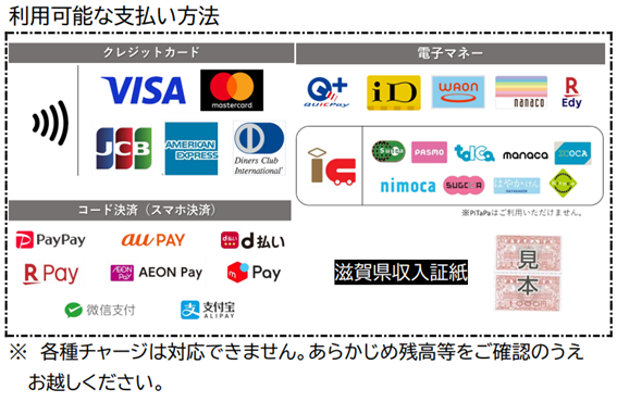 県手数料で利用可能な支払方法、及び、滋賀県収入証紙見本