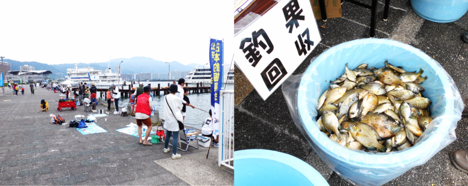 外来魚有効利用釣り大会の様子と釣り上げた外来魚の写真