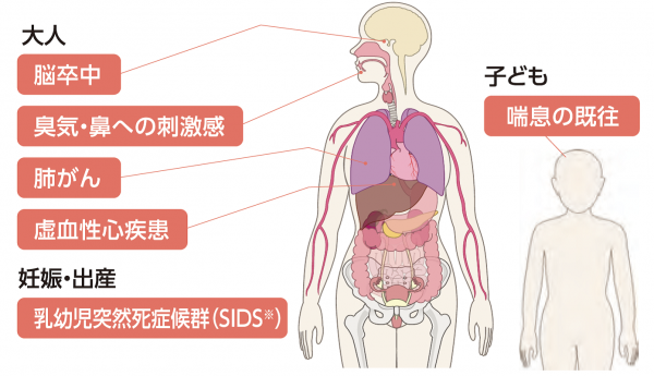 「喫煙と健康」リーフレット(国立がん研究センター作成)「受動喫煙でまわりの人はこんな危険が高くなる」より引用(外部サイト)