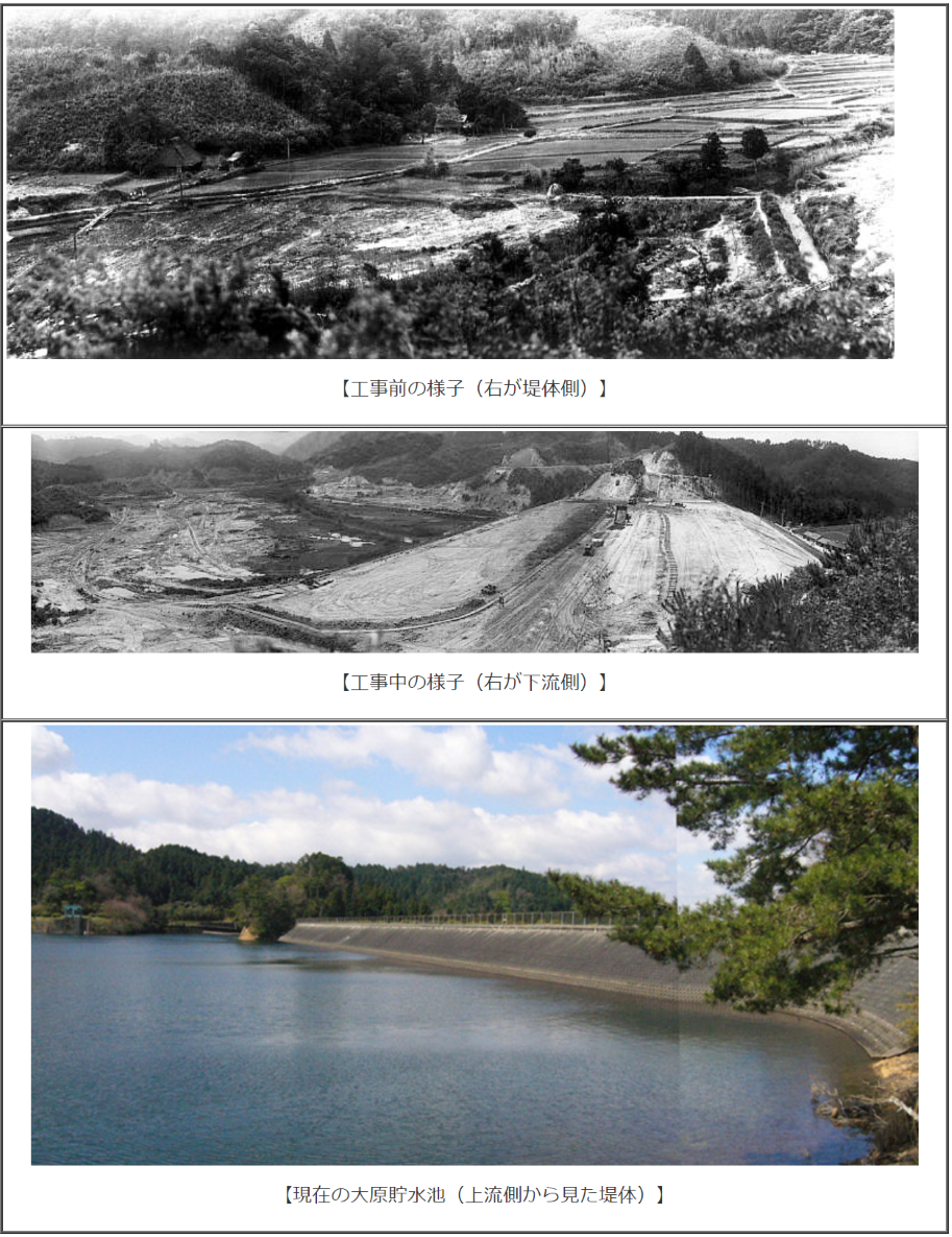 工事前、工事中、現在の大原貯水池の写真