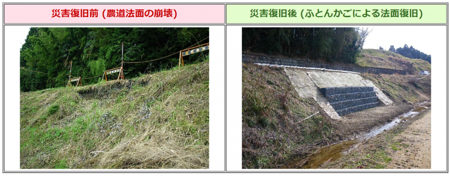 災害復旧前(農道法面の崩壊)と災害復旧後(ふとんかごによる法面復旧)の写真