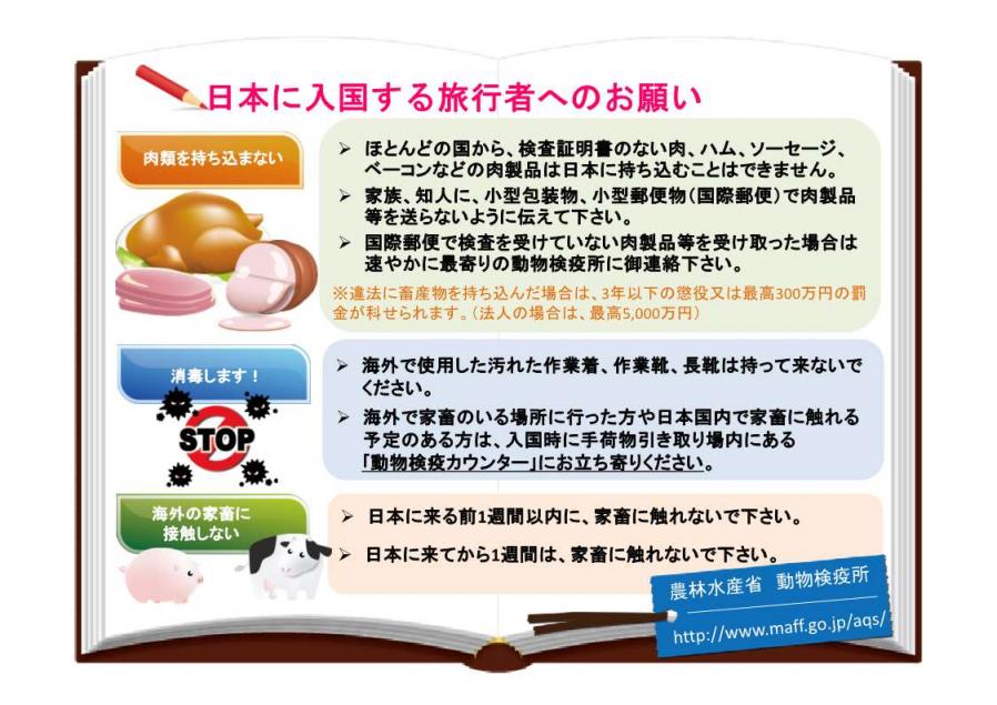 日本に入国する旅行者へのお願い(肉類を持ち込まない、消毒する、海外の家畜に接触しない)