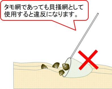 タモ網を貝掻網として利用すると違反の図