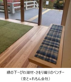 縁の下びわ湖材・さをり織りのベンチ杢と×れもん会社提供